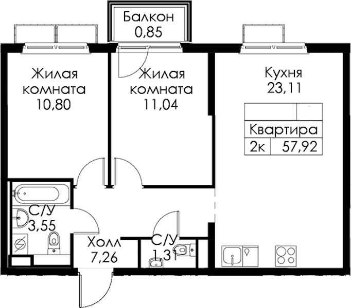 2-комнатная квартира 57.92 м², 11/15 эт., ЖК «Янинский лес»